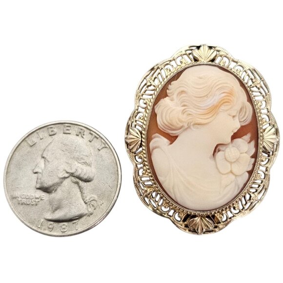 Symmetalic Sterling 12K Gold Shell Carved Cameo Brooch Pendant, Signed - Picture 8 of 11
